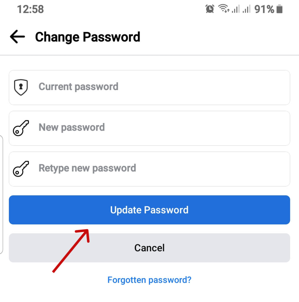 Update new password through Facebook