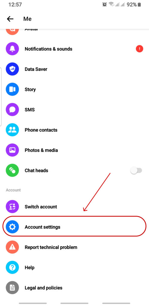 Account Settings in Messenger