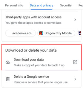Thirdly to download Gmail Emails in bulk click on Download or delete your data