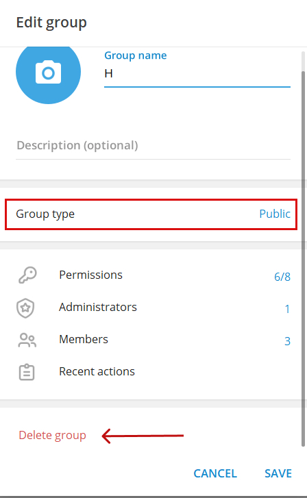 Change group type and delete a group on Telegram