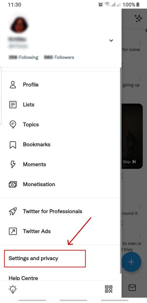 Settings and Privacy on Android Twitter app