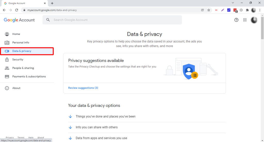 Click Data & privacy in Google Account