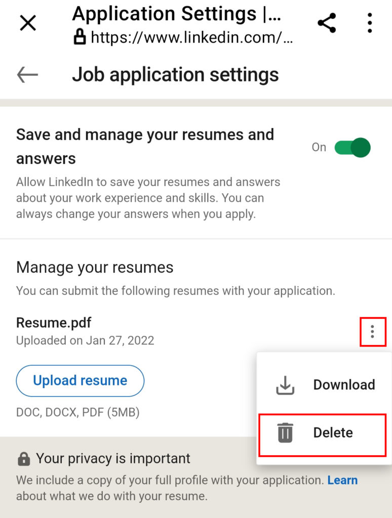 How to delete resume from Linkedin