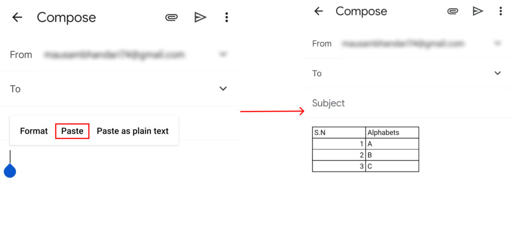 Lastly to insert a table in gmail, tap on Paste.