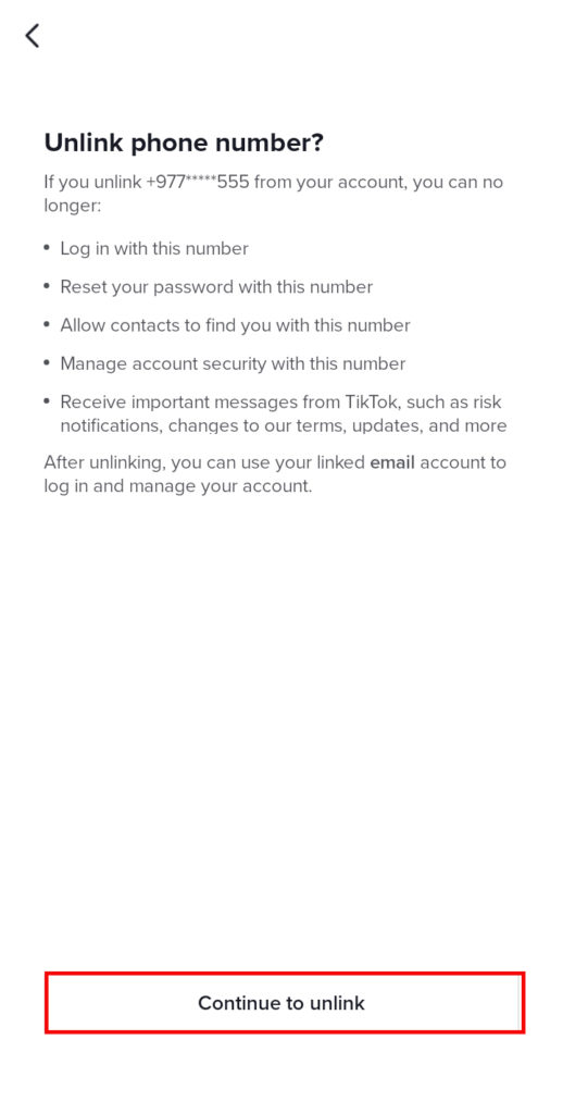 Unlink phone number from TikTok