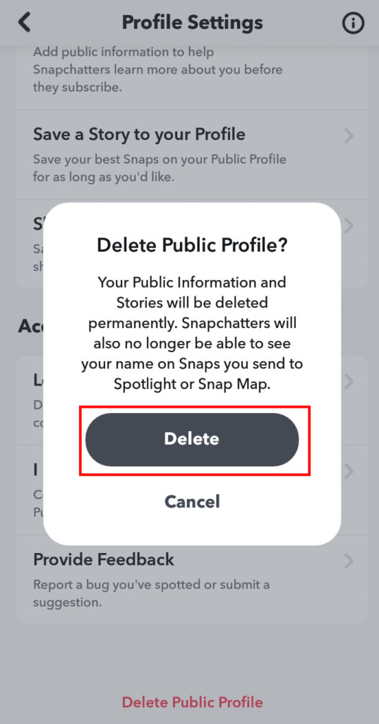 How to delete a public profile on Snapchat?