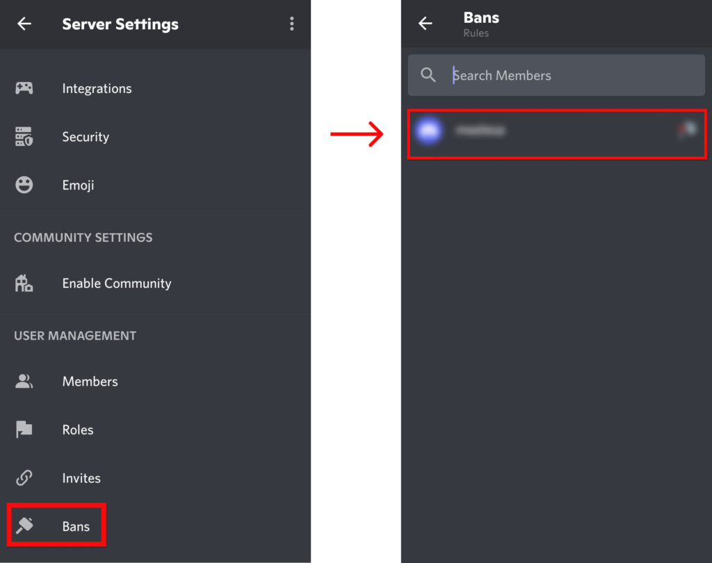 Tap on Bans and click on the member you want to unban on Discord