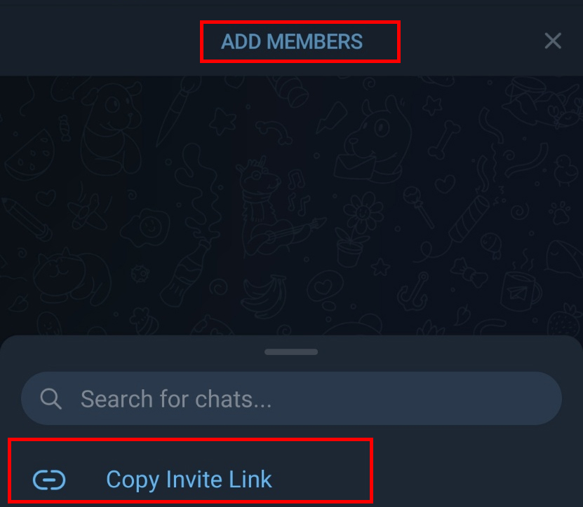 Secondly, to invite people to Telegram group, tap on add members and copy invite link.