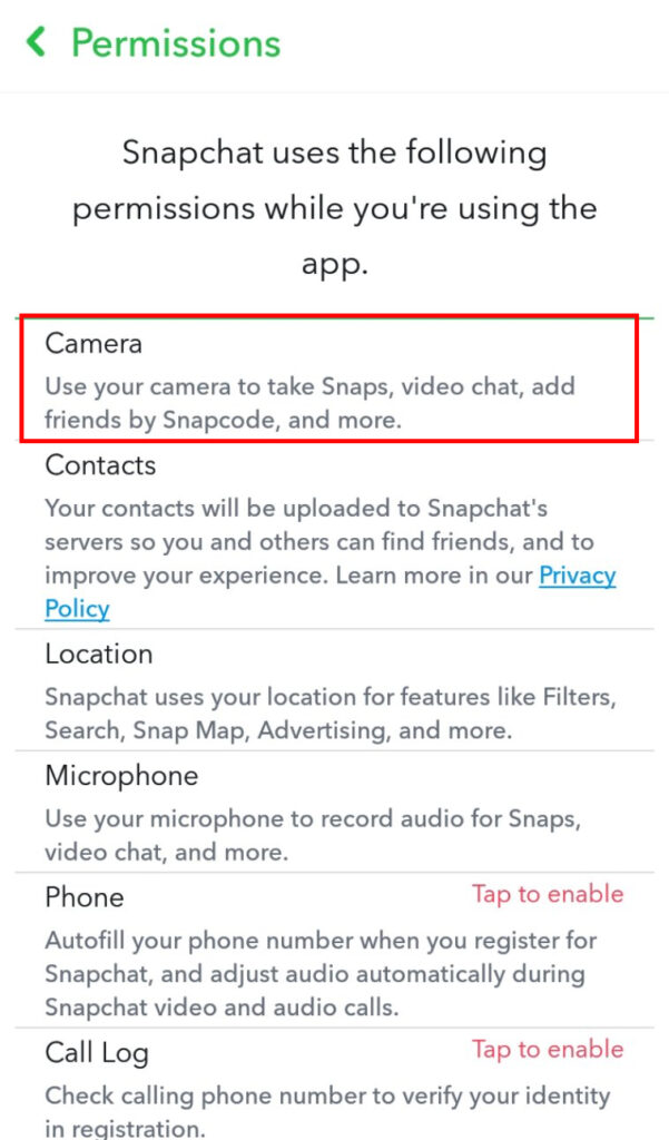 How to allow camera access on Snapchat?