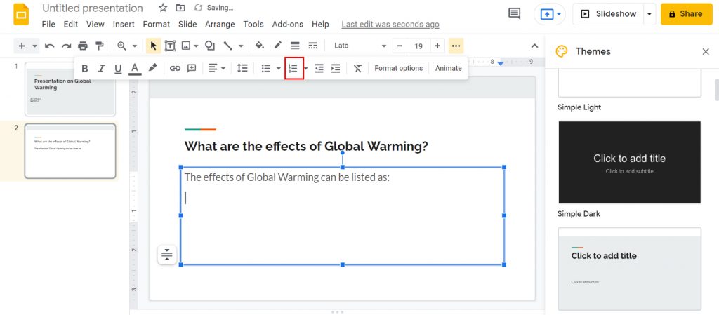 How to add number list in Google slides?