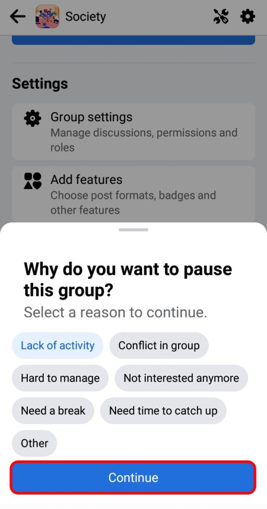 Pause Group on Facebook