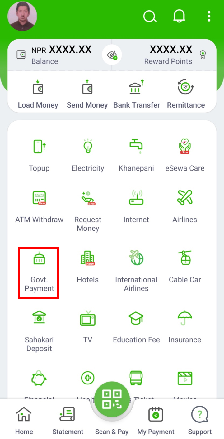 Tap on Govt. Payment